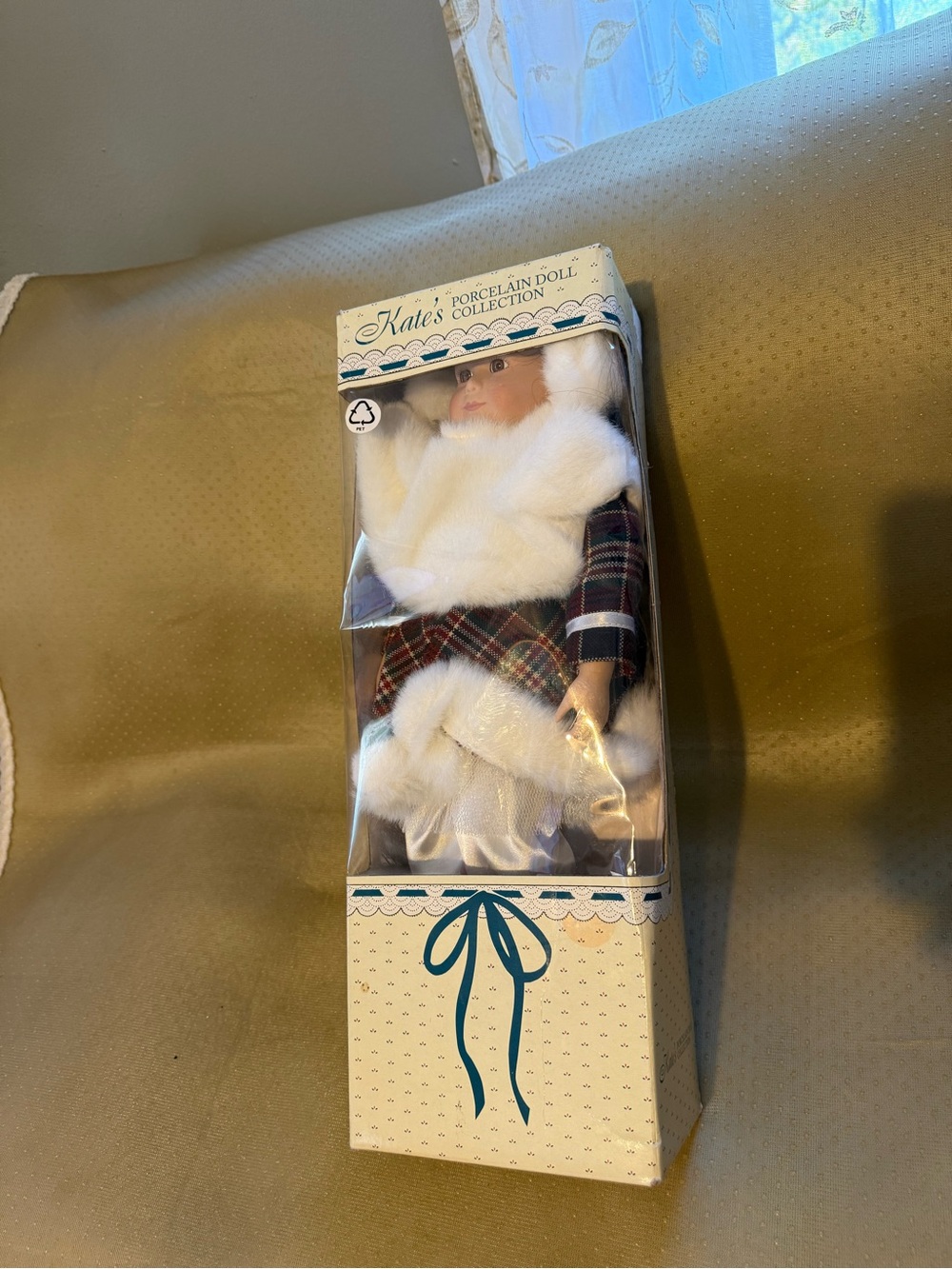 Kate's Porcelain Doll with White Faux Fur and Plaid Outfit - Home Accents Decor